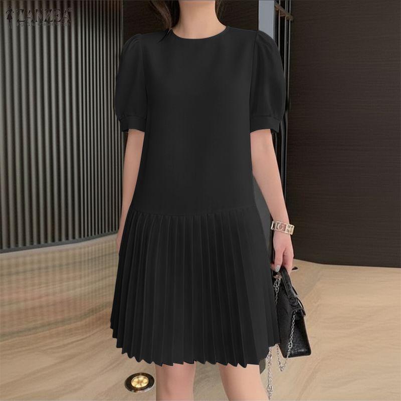 ZANZEA Women Casual Round Neck Solid Color Short Sleeve Pleated Dress