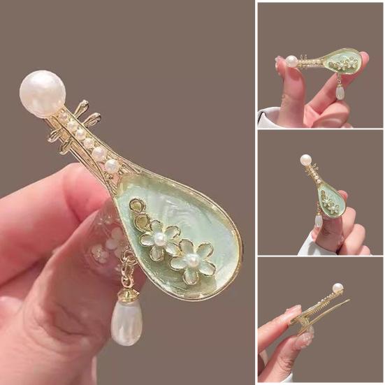 2Pcs Pipa Shape Hair Clips Chinese Style Floral Pattern Faux Pearls Decor Hairpins Festival Cosplay Hair Accessories