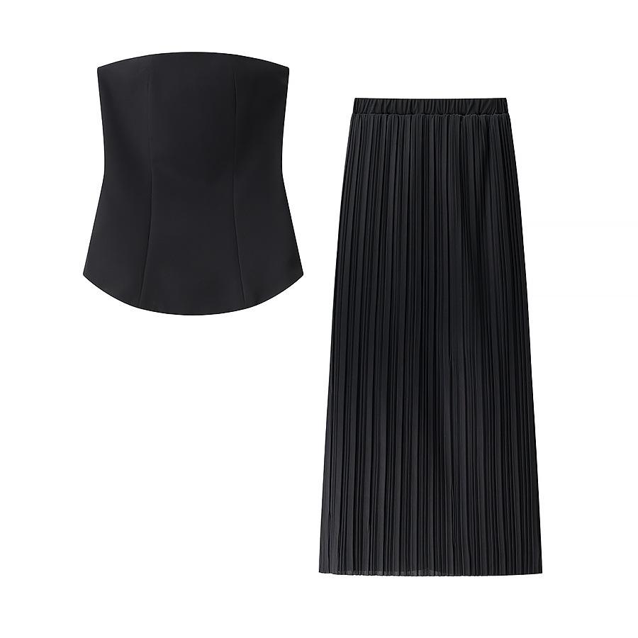 Spring 2025 European & American Style Women's Strapless Pleated Top + High-Waisted Midi Skirt Set