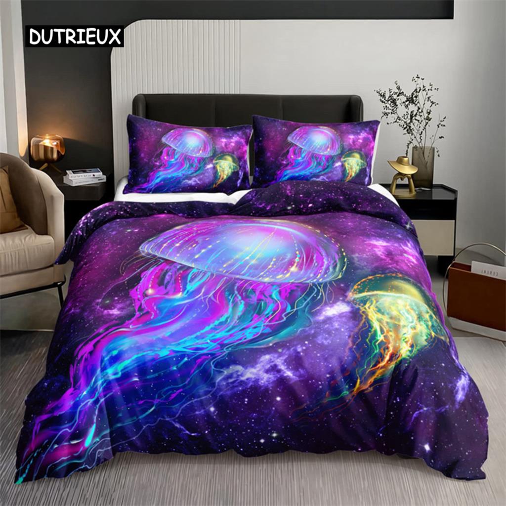 Watercolor Jellyfish Duvet Cover Mermaid Kawaii Sea Turtle Bedding Set Full For Boys Girls Gift Sea Ocean Theme Comforter Cover