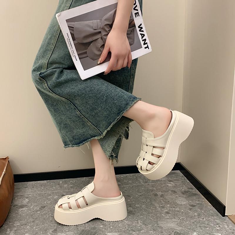 Fashion French Woven Shoes Baotou Slippers Women's Spring and Summer New Fashion Roman Style Thick-soled Hollow Breathable Slippers