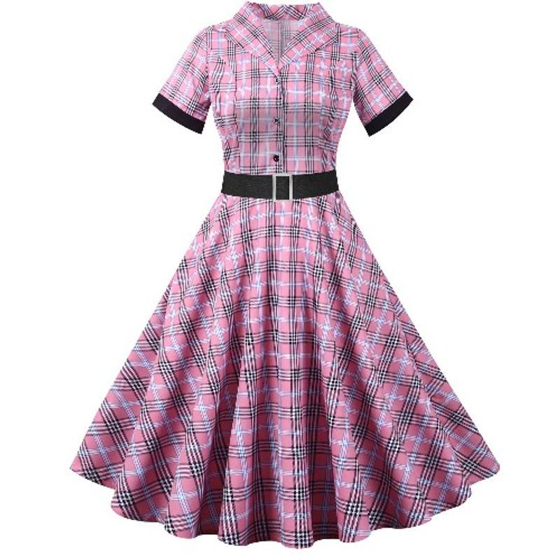 

Plaid Printed Casual Dress with Belt Suit Collar Pink L