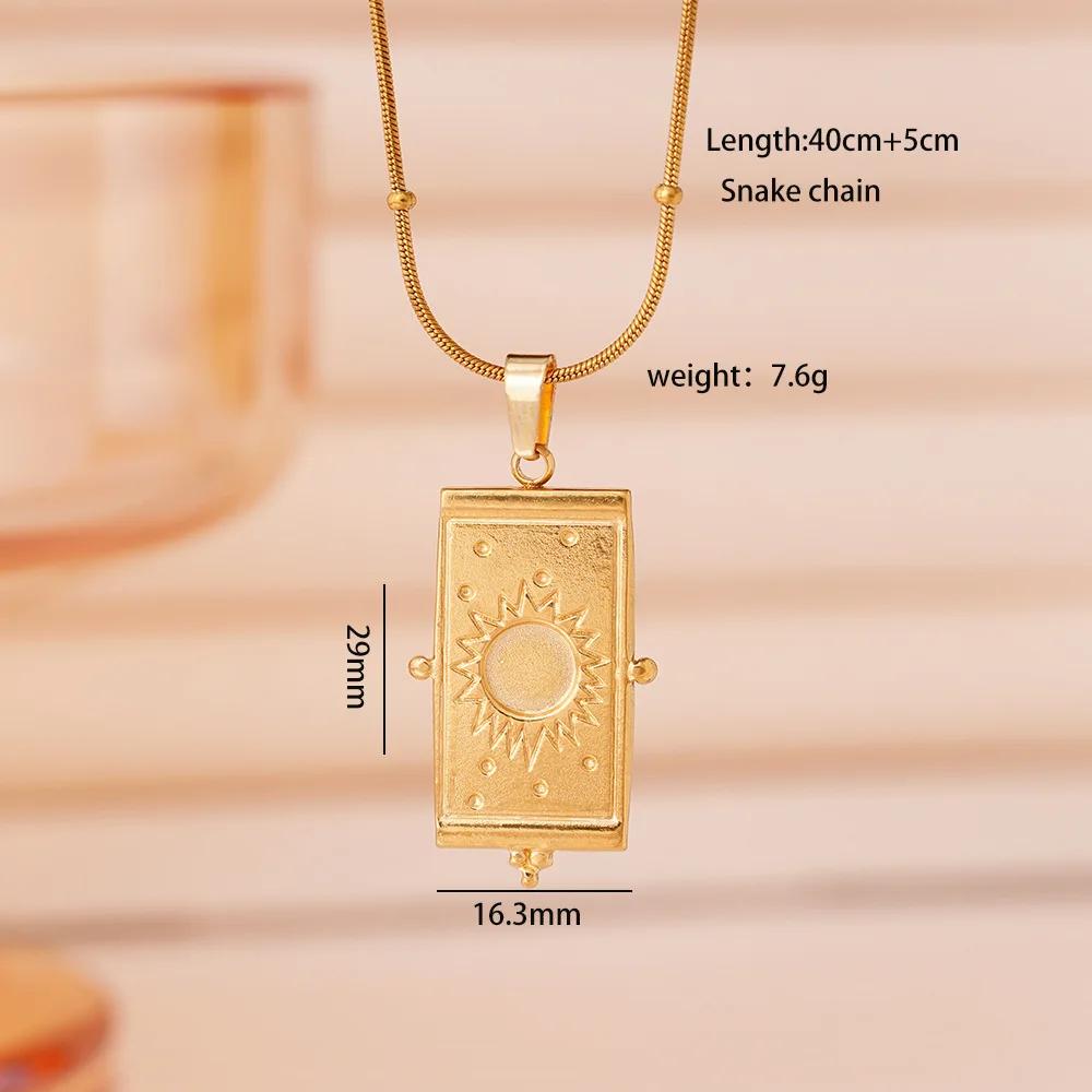 All Stainless Steel Gold Color Sun Moon Star Square Pendant Necklaces for Women Men Fashion Vintage Jewelry Gift for Friends
