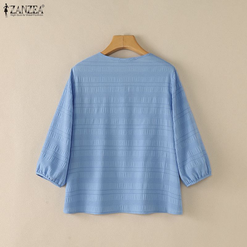 ZANZEA Women Casual Round Neck Solid Color Loose 3/4 Sleeve Blouse