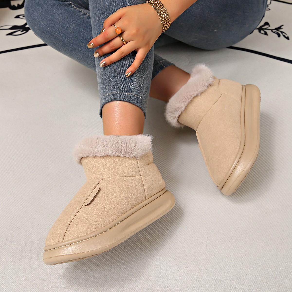 

Snow boots women s autumn and winter new thick-soled outer wear fur integrated short boots thickened one-pedal cotton shoes women 36-37 темно-коричневого кольору