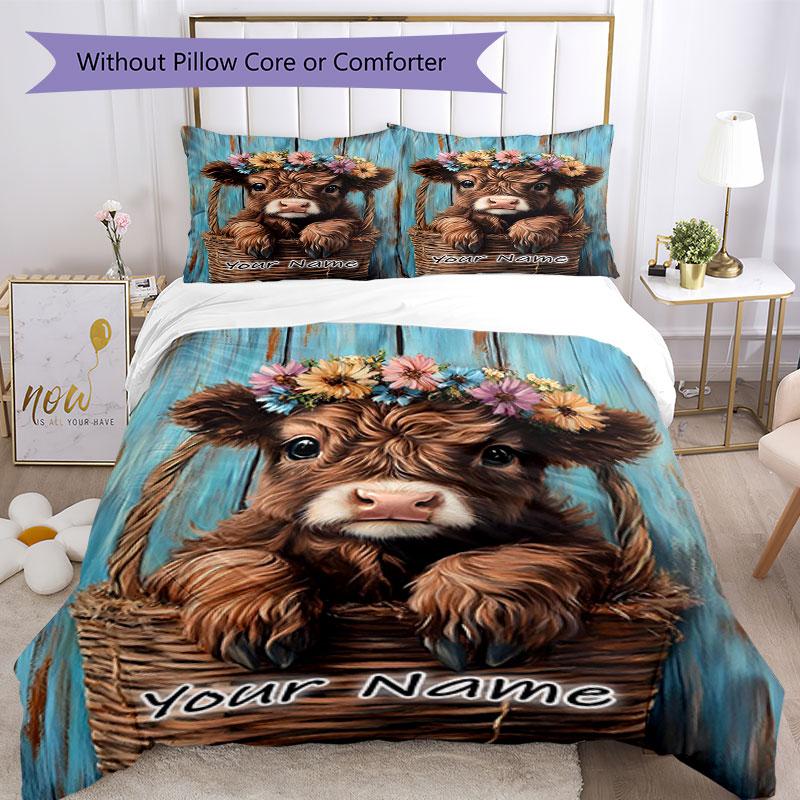 3PC Custom Name Cow Basket Flowers Bedding Set Printed Bedding Set Duvet Cover Closure Includes 1 Duvet Cover & 2 Pillowcases for All Seasons Bedroom