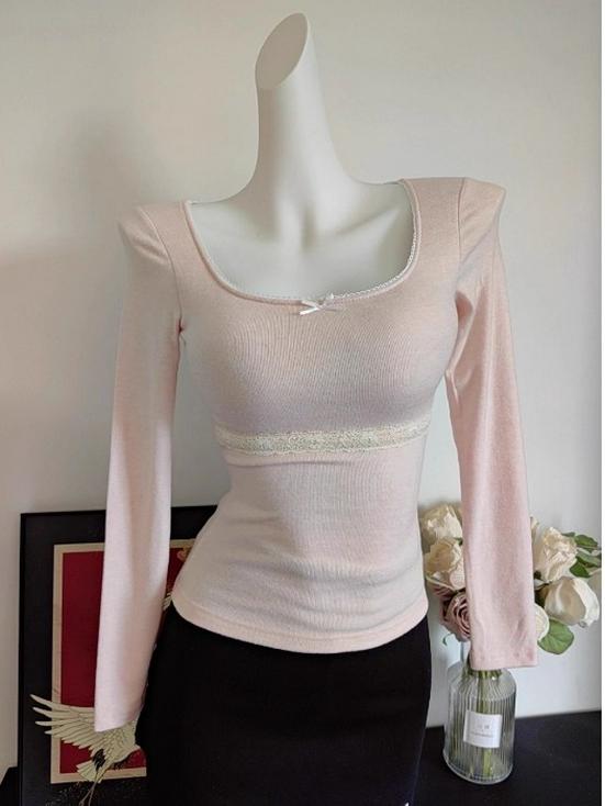 Korean Style V-Neck Lace Trim Long Sleeve Slim Fit Autumn/Winter Shirt Top for Women One Size розовый