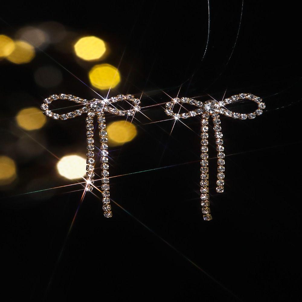 Sparkly Rhinestone Long Dangle Earrings Personalized Bowknot Ear Stud Creative Gift Bow Earrings