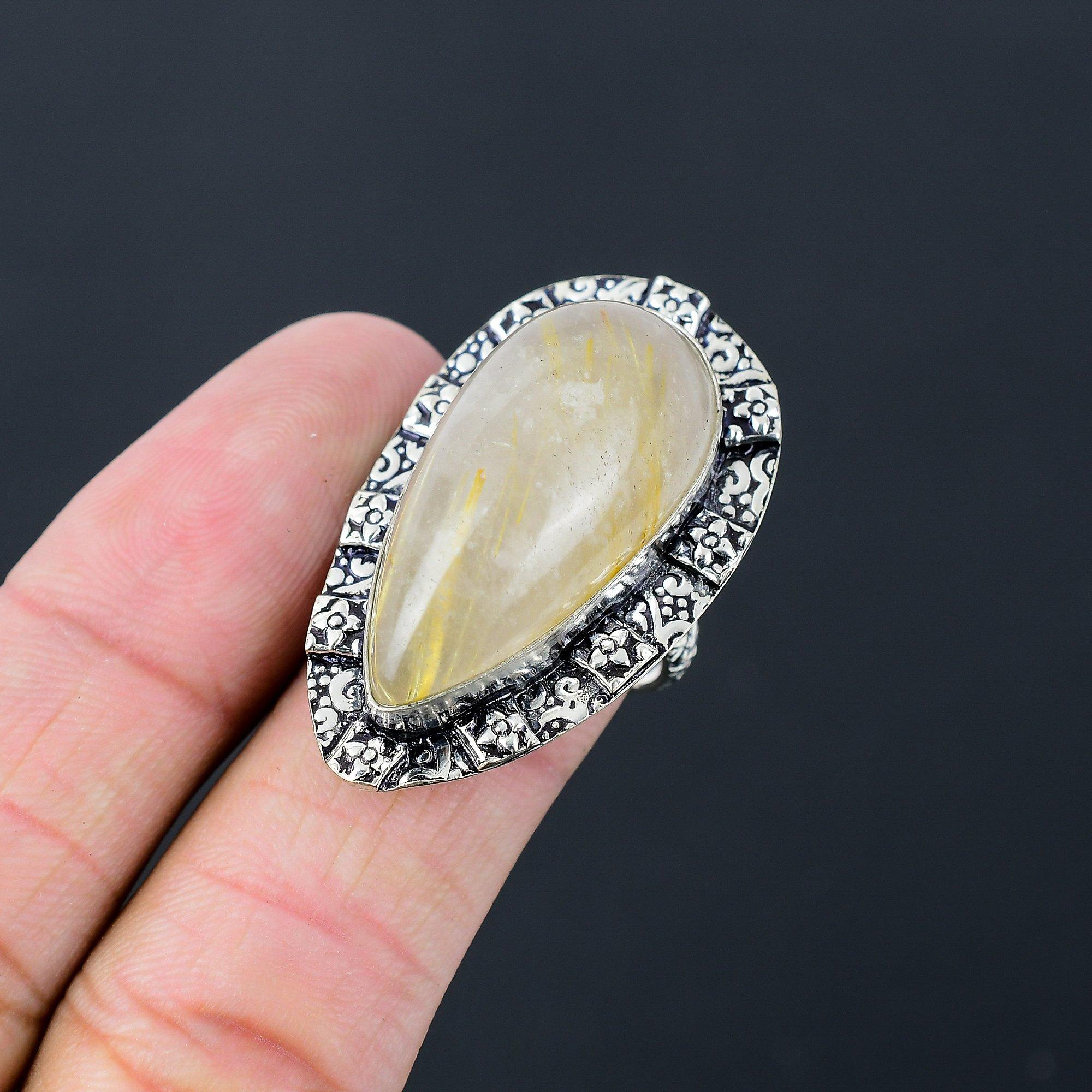 Mothers day Deal 925 Silver Golden Rutile Gemstone Wedding Ring Jewelry Size 8.5 8.5