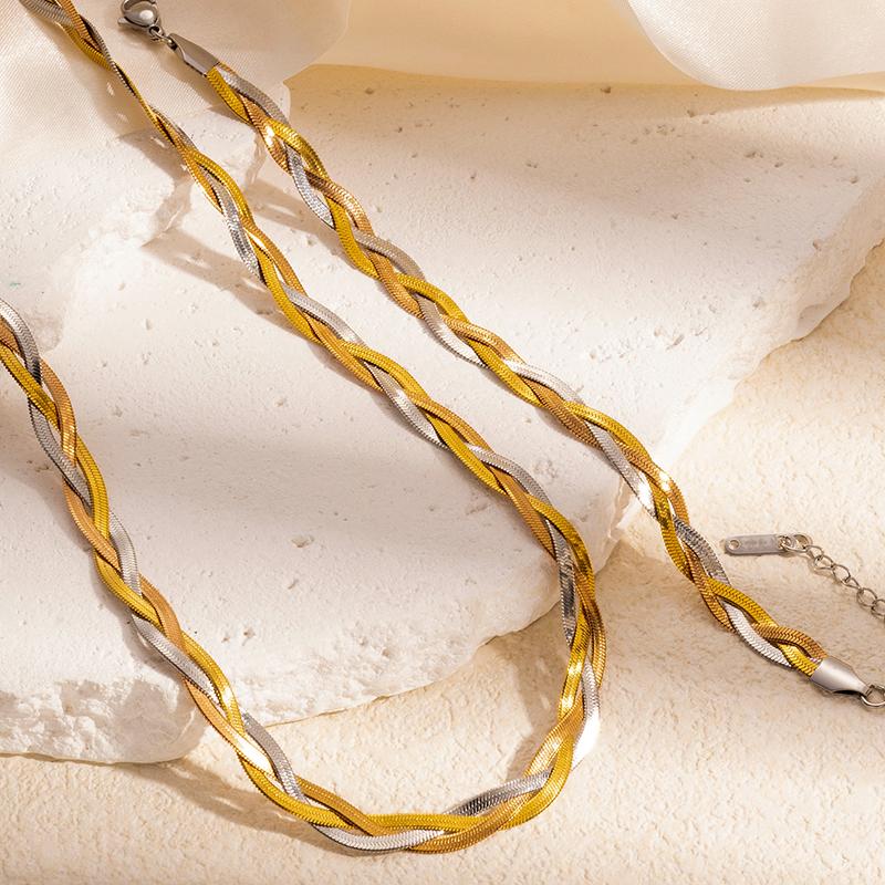 Nenjery  Stainless Steel Tricolor Hand Braided Necklace Bracelet Europe And America Cuban Chain Ladies Party Jewelry