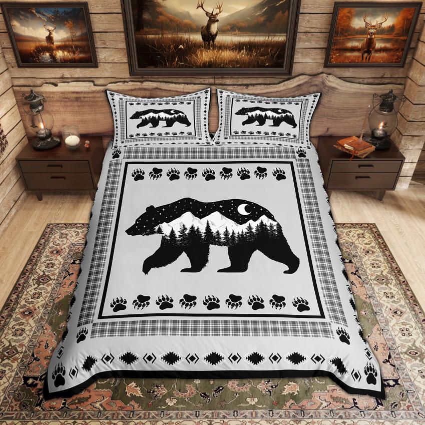 Homewish Rustic Deer Bear Duvet Cover Set Woodland Animal Checkered Quilt Cover Set Farmhouse Lodge Cabin Bedding Set