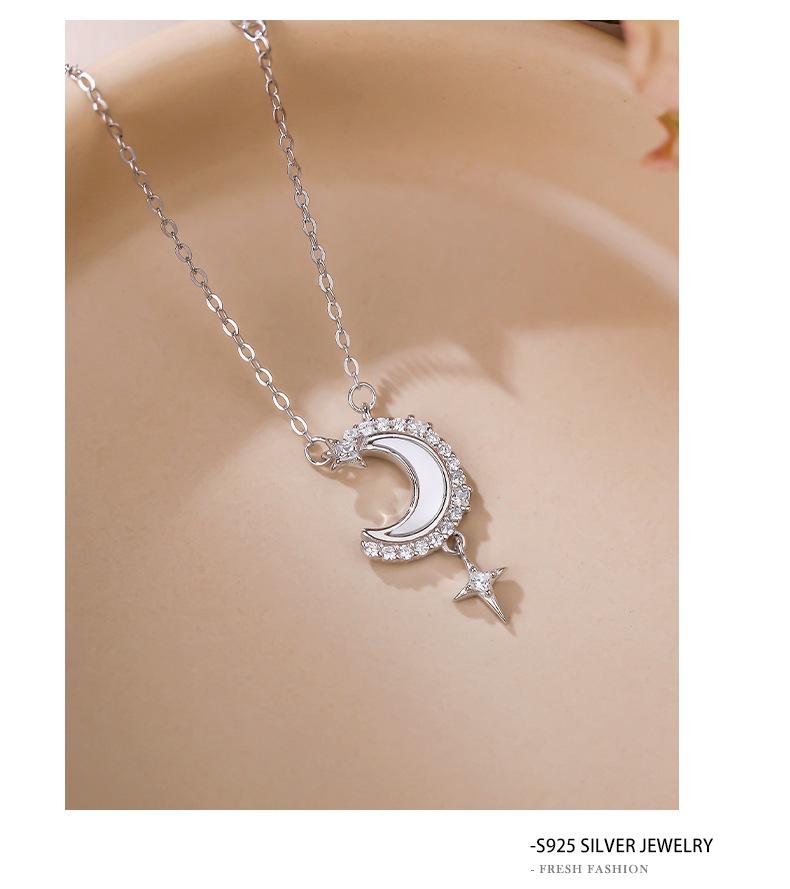 Sterling Silver S925 Star & Moon Necklace with Micro-Paved Stones and White Shell Pendant - Luxurious Valentine's Day Gift