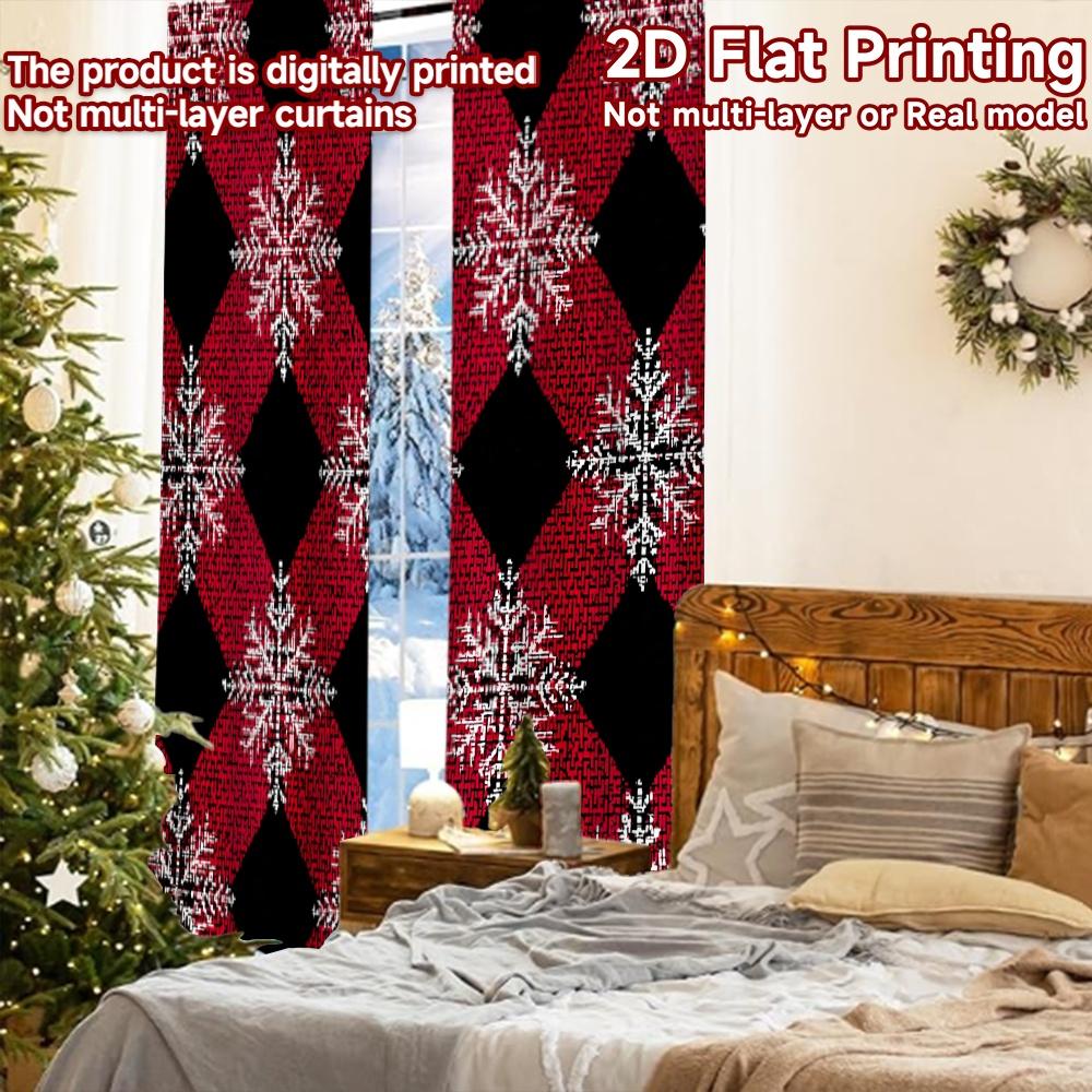 2 Stück, 2D-FLACHDRUCK Vorhänge (Ohne Stange) Karomuster Schneeflocken Digitaldruck auf Feiertagsvorhängen Garnvorhänge Alle Jahreszeiten