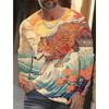 Nueva Camiseta de Manga Larga Ukiyoe para Hombre Estampado 3D Lobo Estampado Gráfico Camiseta para Hombre Otoño Primavera Top Casual Cuello Redondo Camiseta para Niños
