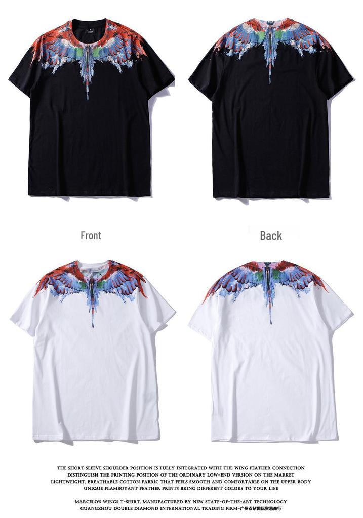 Marcelo Classic Phantom Wings Short Sleeve T-Shirt with Colorful Feathers and Lightning Design