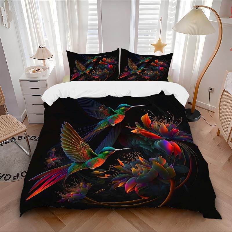 3pcs Colorful Hummingbirds in Flight Printed Bedding Set, Soft and Comfortable Quilt Cover for Bedroom, Guest Room