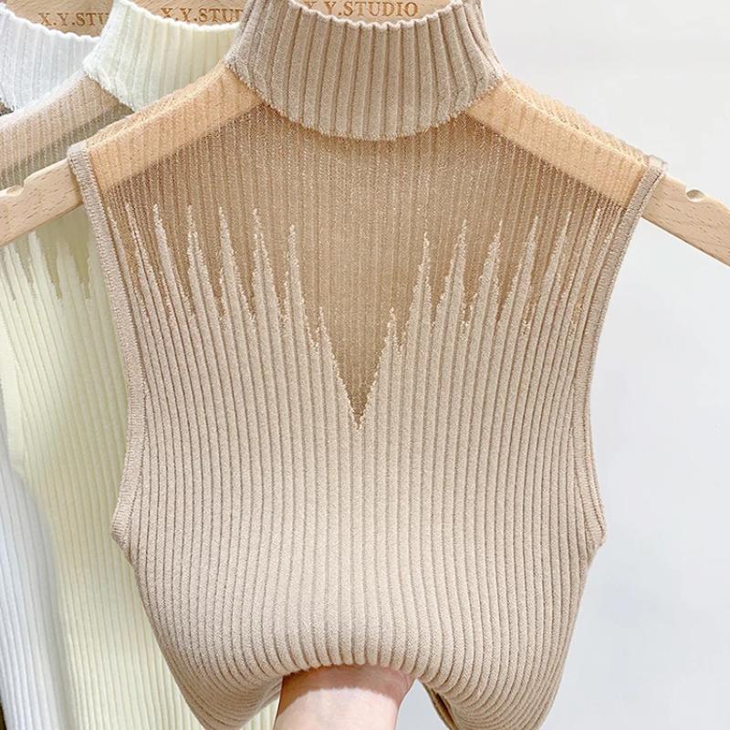Mesh Knitted Top Women Tank Top Half Neck Vest Female Sleeveless Sweater Chic Cut Out Streetwear Solid Skinny Tube Top