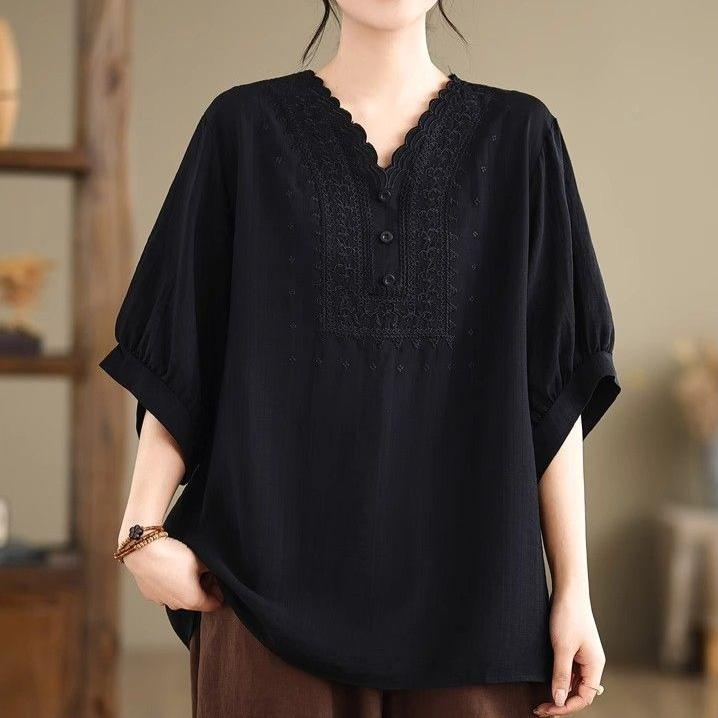 Women's Cotton Linen T-shirt  Summer Retro Loose V-neck  Plus Size Blouse Soft and Skin-friendly Blouse