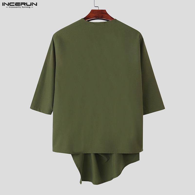 INCERUN Oversized Men V Neck Short Sleeve Solid Color Casual Loose Irregular T-shirts Tops