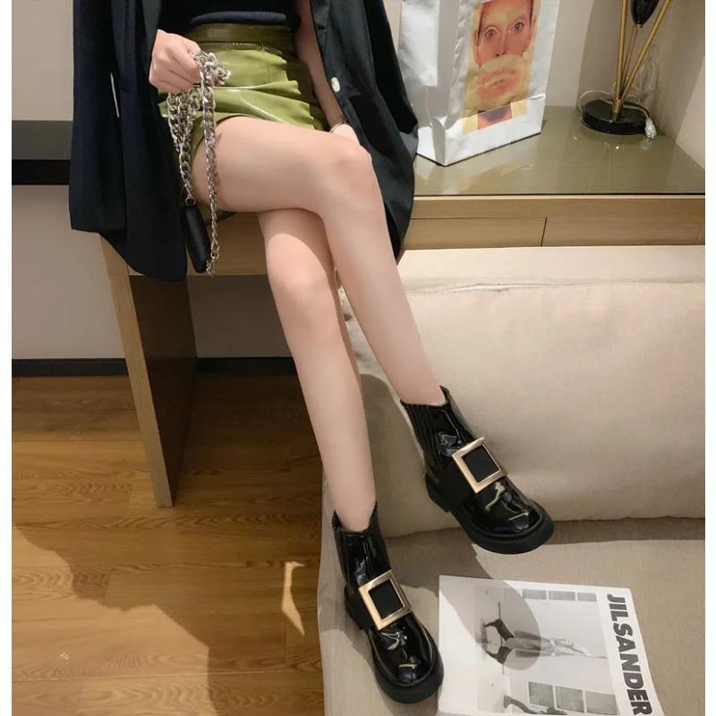 Lackleder Chelsea Boots Damen Markenschuhe Winter Marke Metallschnalle Botas Femme Stretch Reitstiefel Damenschuhe Botas