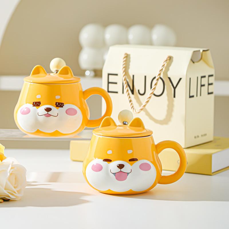 Roztomilý keramický hrnek na vodu Super roztomilý Shiba Inu Kreativní hrnek na vodu s víčkem Vysoký vzhled Narozeninový dárek Pár Domácí kancelářský hrnek