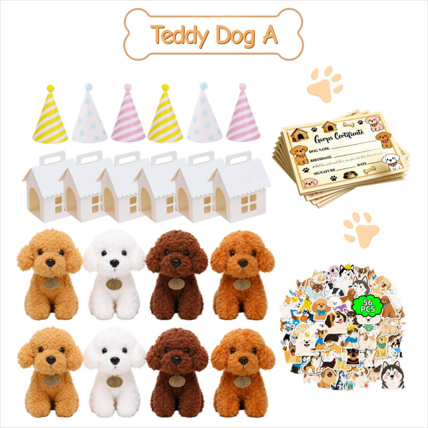 8-24Set Teddy Dogs DIY Adopt A Puppy Party Favors Mini Plush Puppy Stuffed Dogs with House and Stickers for Birthday Party Gifts