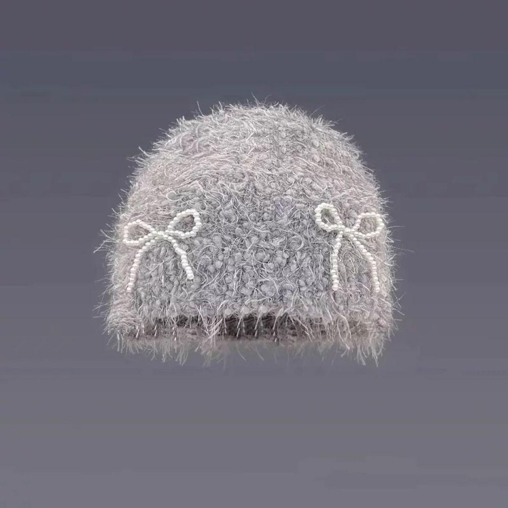 Korean Style Knitted Pullover Hat Y2K Brimless Beanie Cap Personality Pearls Bow Woolen Hat  Autumn