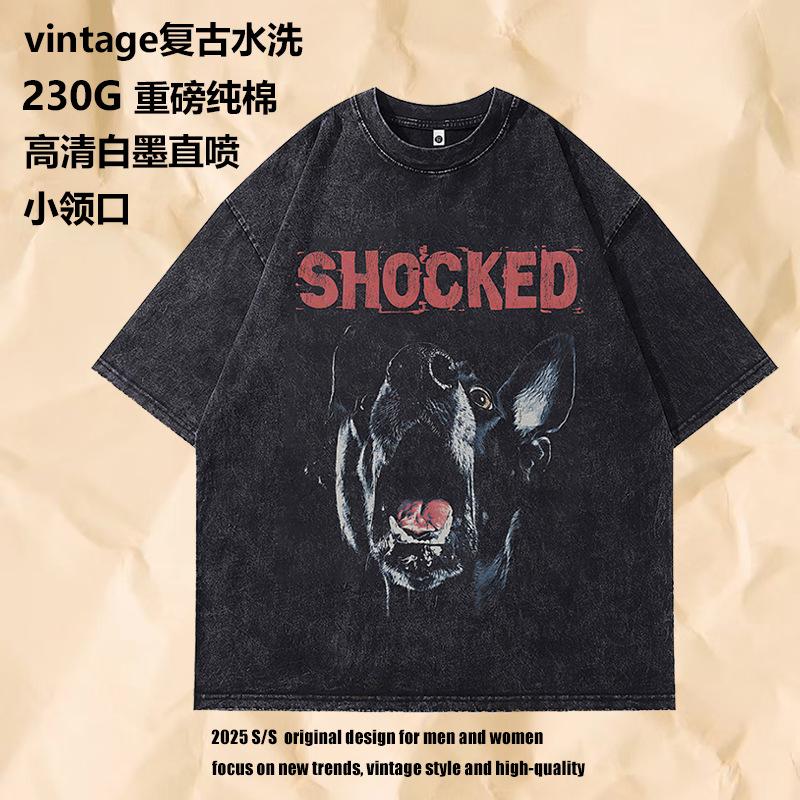 Summer Men'S Trendy Brand Short-Sleeved T-Shirt American High Street Vintage Doberman Print Fried Color T-Shirt