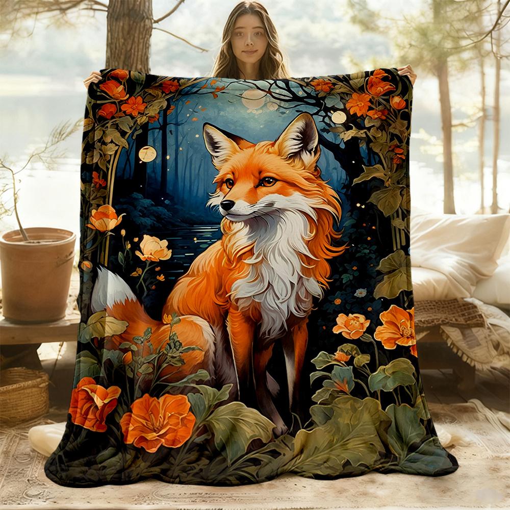 1 Stück Fuchs Waldblumen Flanelldecke, Bequeme und Warme Decke, für Camping Sofa Bett und Couch Büro016