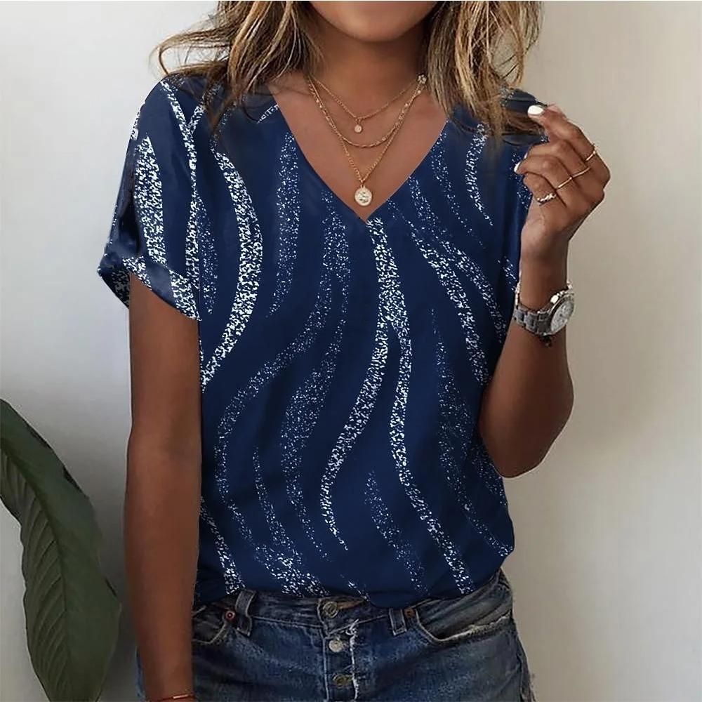 

Женская футболка с простым градиентным 3D-принтом, модная футболка с коротким рукавом и V-образным вырезом, свободная женская одежда L