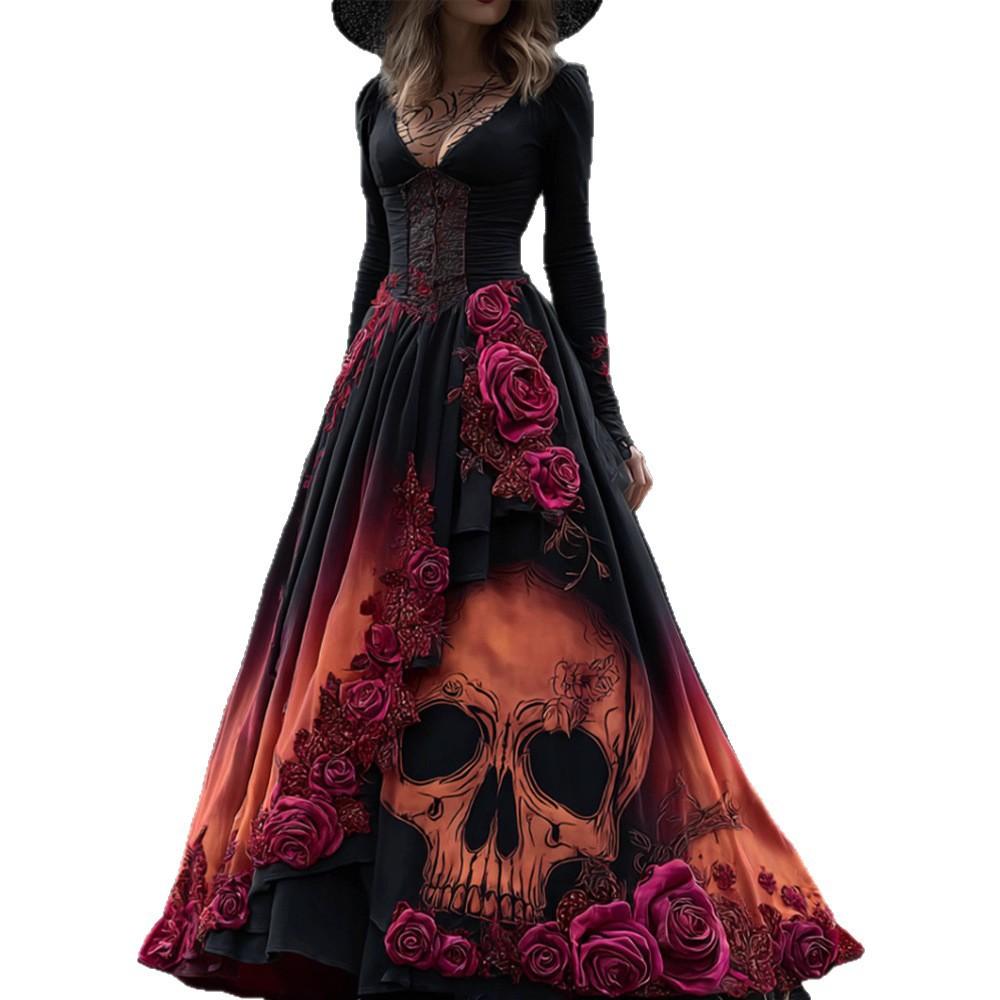 New Women's Autumn Dress Long Sleeve Halloween Dress V-Neck Splicing