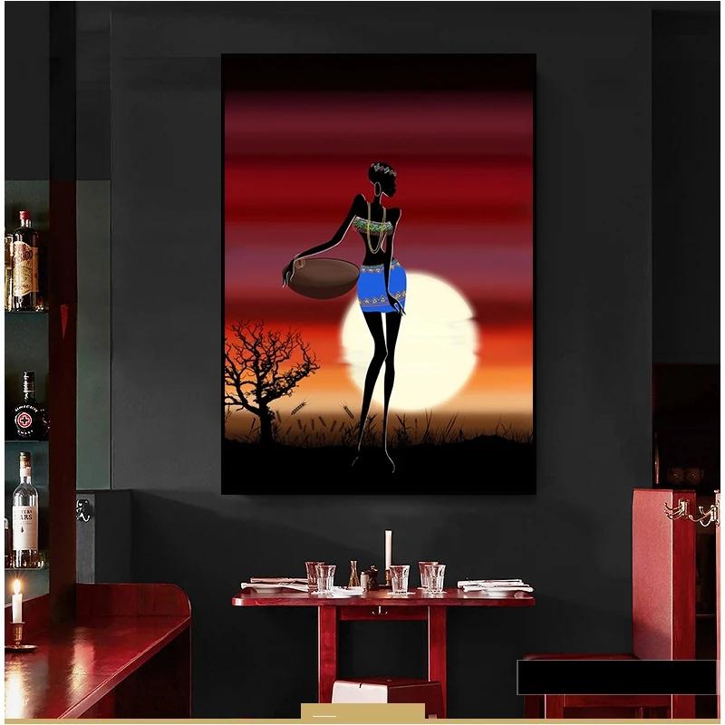 Vintage Abstract African Woman Life Posters and Prints Sunrise Glow Canvas Painting Wall Art Picture for Living Room Home Decor No Frame
