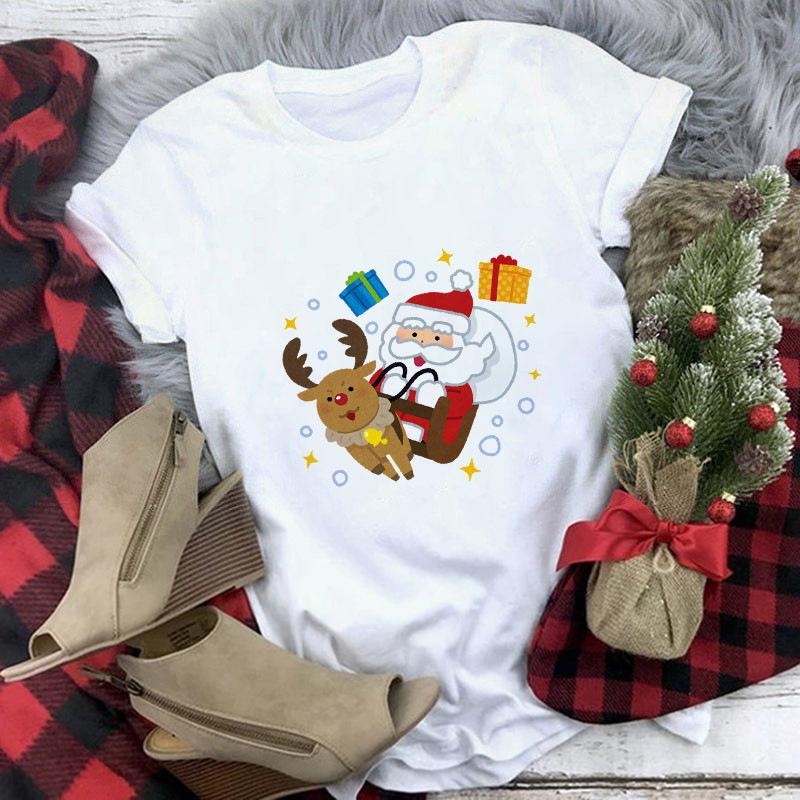 Women's Crew Neck Short Sleeve Graphic Print Christmas T-Shirts Loose Fit Casual Tees