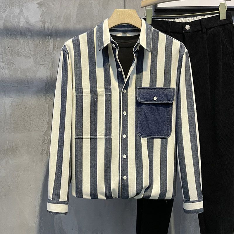 

2024 Весна Осень Мужские Новые Рубашки с Квадратным Воротником, Пуговицами, Карманом, Модные Полосатые, Минималистичные, Повседневные, Подходящие ко всему, с Длинным Рукавом L синий