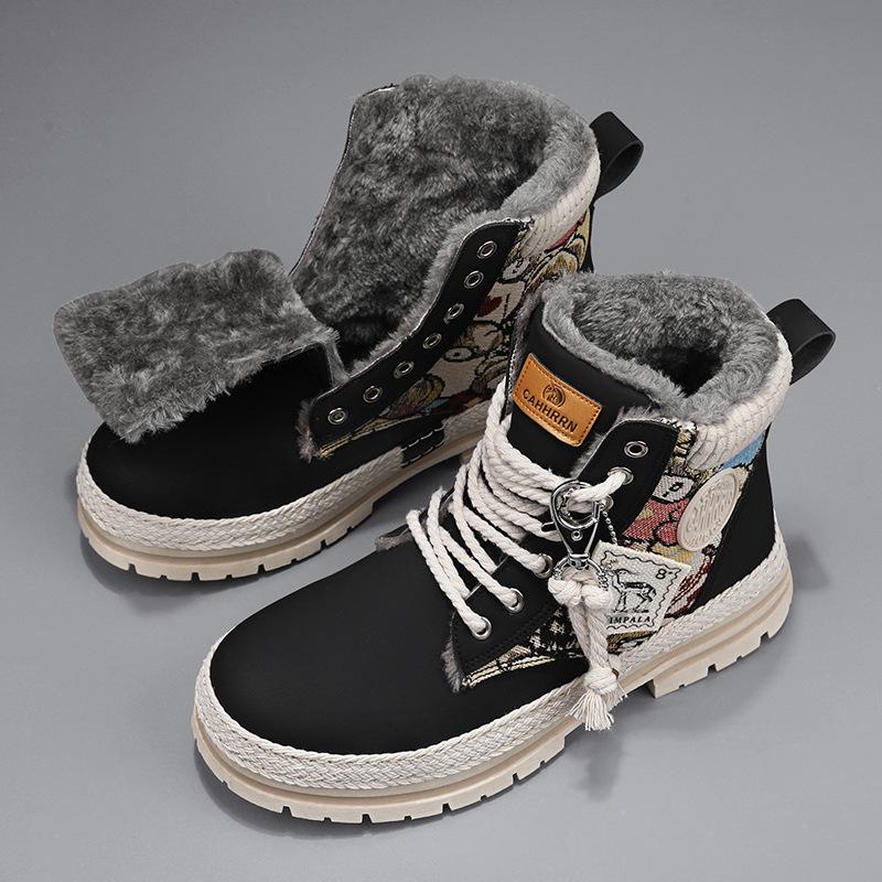 Nové zimní sametové párové martensky na silné podrážce: Teplé motorkářské boty s medvídkem