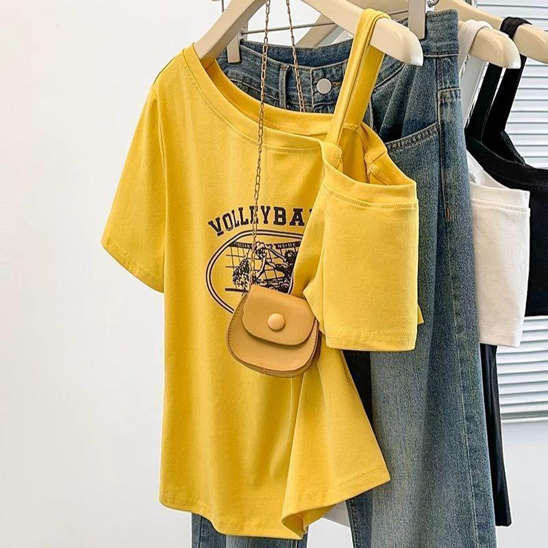 

Trendy Off-Shoulder Retro Letter Print Plus Size T-shirt – Summer Short Sleeve Design 2XL жовтий