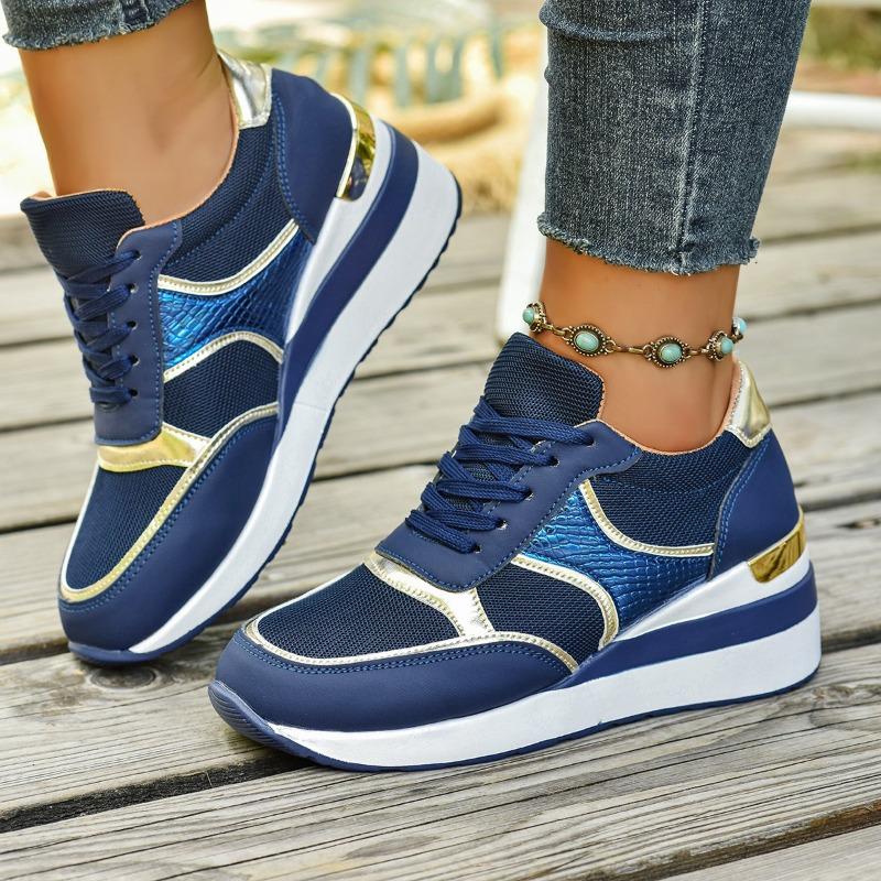 Women's Wide Width Platform Sneakers, Lace-Up Wedge Sole Casual Shoes, European Style Athletic Shoes Wholesale in Stock
