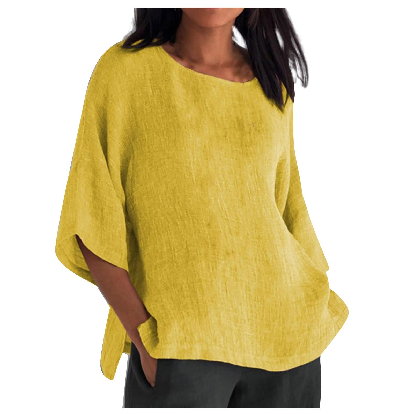 

Женская хлопковая льняная рубашка с круглым вырезом и рукавами семь четвертей XL жёлтый