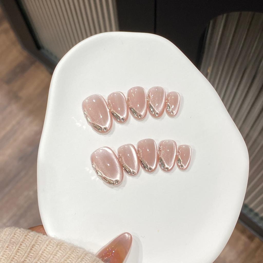 10Pcs Cat Eye Glass Bead Pearl Chain Press On Nails Short Oval Full Coverage Handmade Flashy Fake Nail Tips For Women Girls