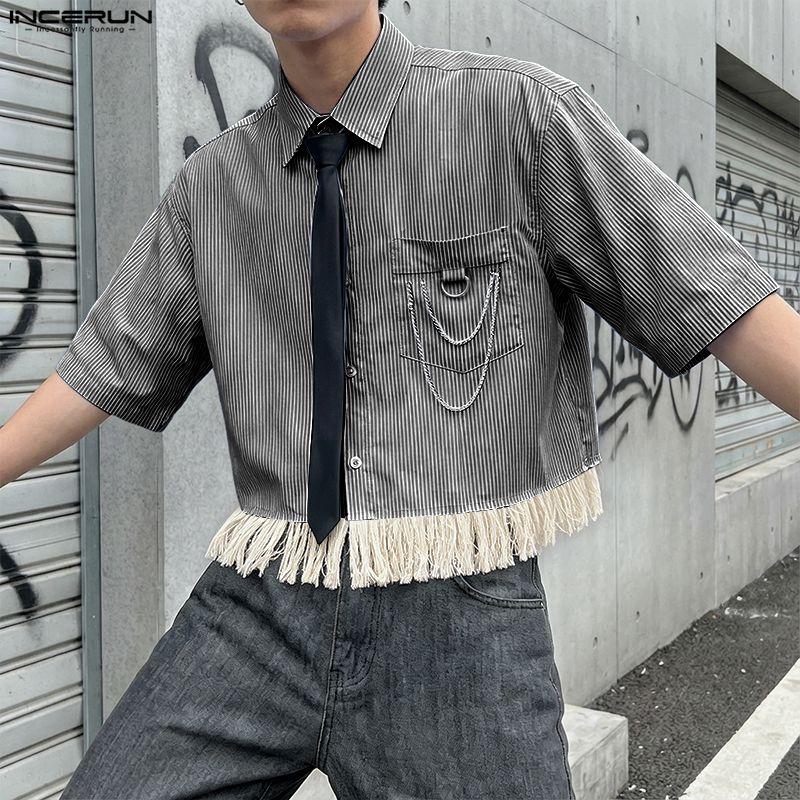 INCERUN Summer Men Short Sleeve Chain Decoration Striped Loose Casual Tassel Shirts Tops