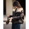 Xinfeyu Women's Faux Shearling Collar PU Leather Short Padded Jacket