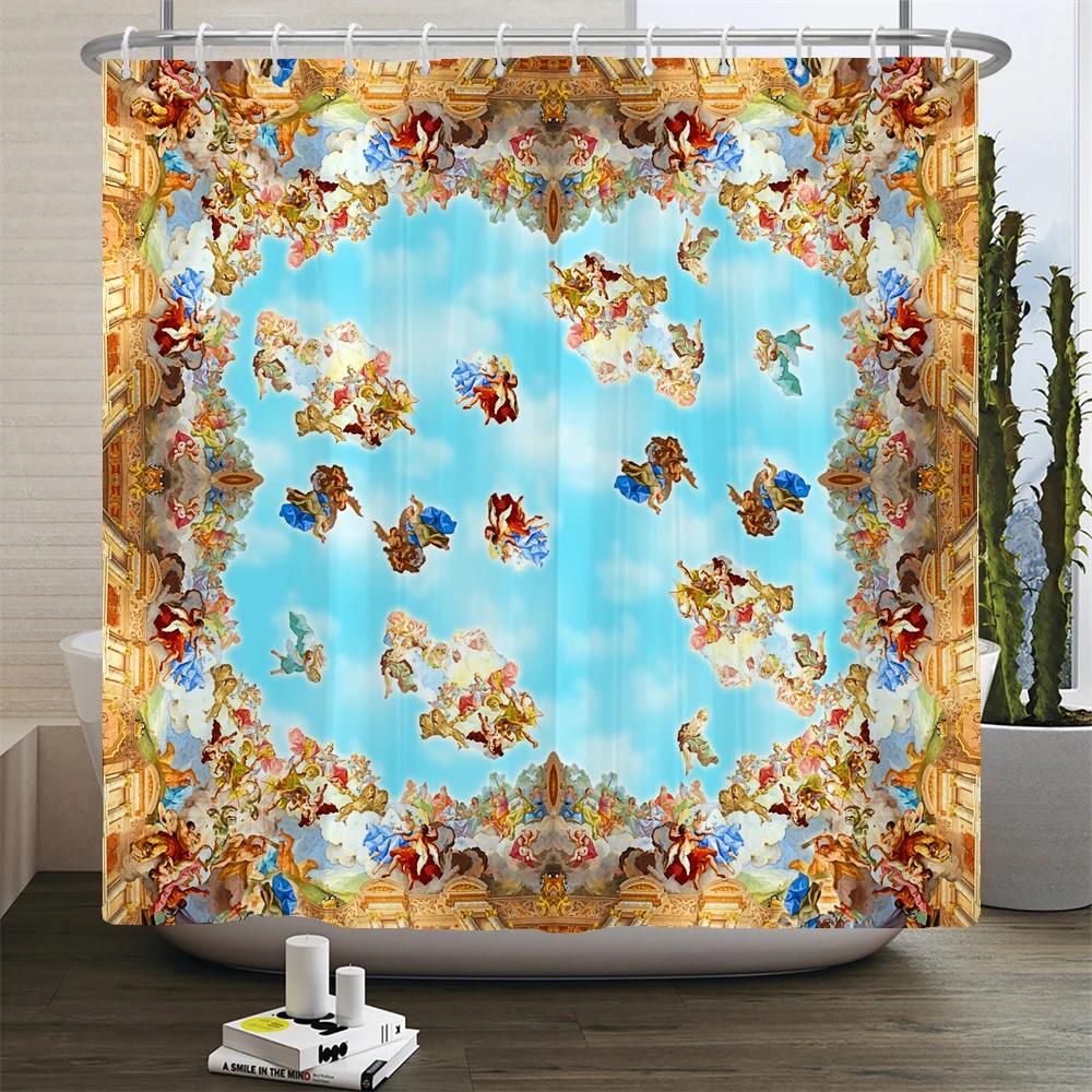 Tende da Doccia Angeli Stile Retro Europeo Tenda da Bagno Tessuto Impermeabile Decorazione Vasca da Bagno 180*180cm Tenda da Bagno Con Ganci