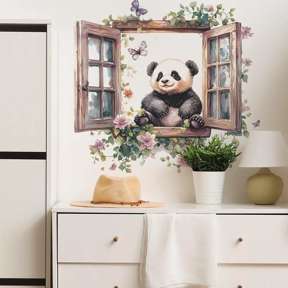 Kreatives falsches Fenster Panda Schmetterling Schlafzimmer Wohnzimmer Zuhause Hintergrund Verschönerung und Dekoration Wandaufkleber