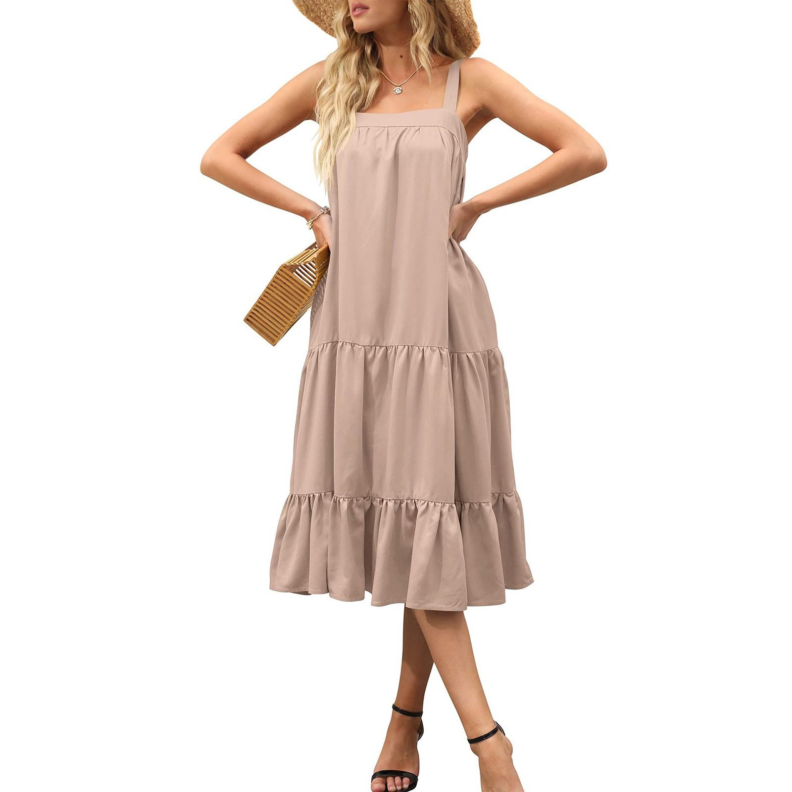 

Ladies Casual Sexy Color Suspender Loose Pleated Beach Dress M хакі