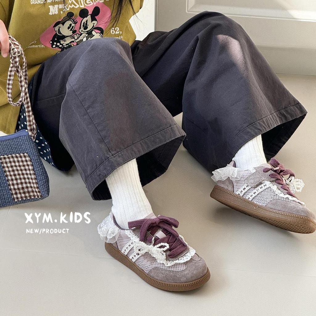 Spring 2026 Kids' Korean-Style Mesh Trainers with Pearl & Lace Trim
