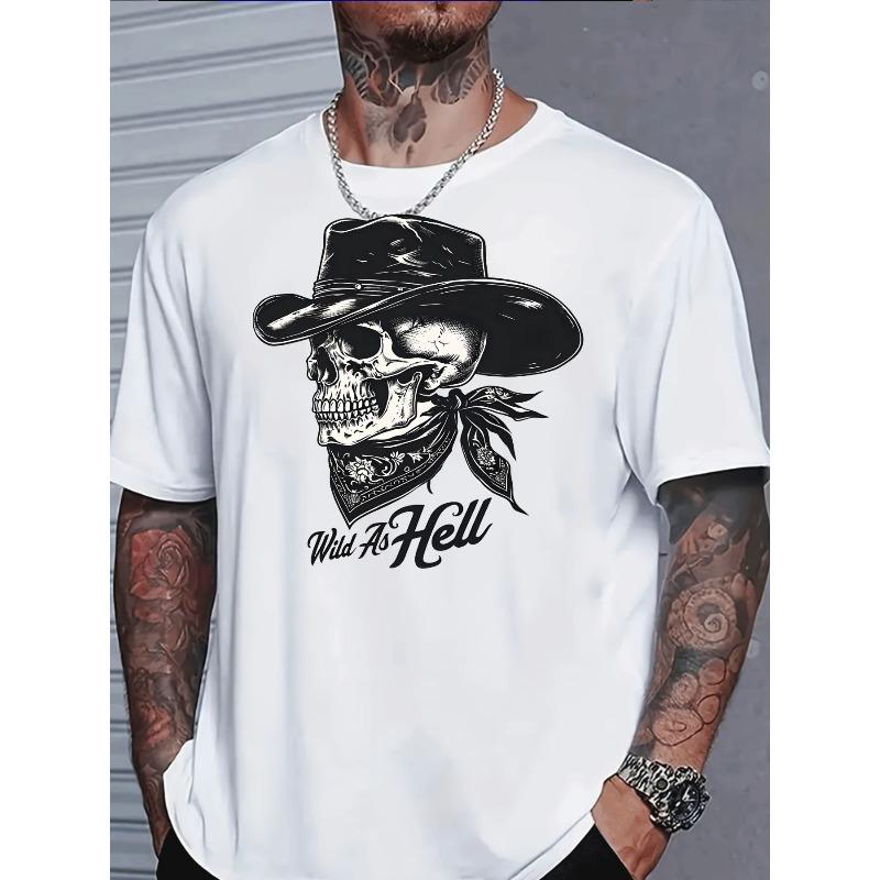European Sizes Men's T-Shirt with Cowboy Hat Bandana Print T-Shirt Wild As Hell Graphic Tee Casual Streetwear Trendy Male Fashion Summer Top