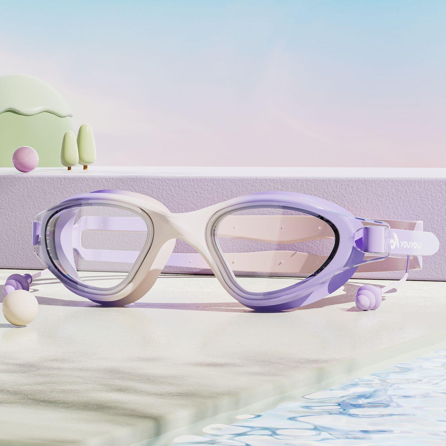 Children s swimming goggles for girls, high-definition, waterproof, anti-fog, girls  and boys  swimming goggles and swim cap set, professional diving Taro Purple【Boxed】