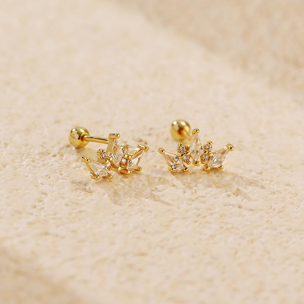 YHE0667 Luxury Diamond Stud Earrings: S925 Silver Crown Zirconia Screw-in Cartilage Studs for Women 925 Silver