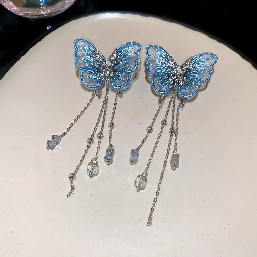 Silver Needle Fabric Flower Glass Fringed Earrings Medium Antique Temperament Stud Earrings Design Sense Niche Earrings