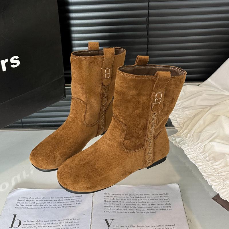New Boots Retro Wide Tube Leather Thick Heel Medium Tube Western Knight Short Boots Women's Autumn and Winter Martin Boots Fashion Boots